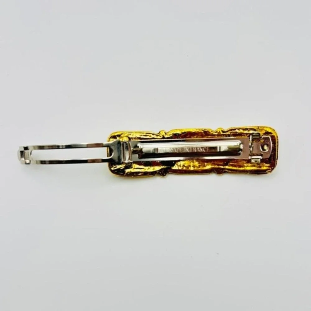 Vintage Made In French Textured Gold Toned Damascene‎ Style Hair Clip Barrette